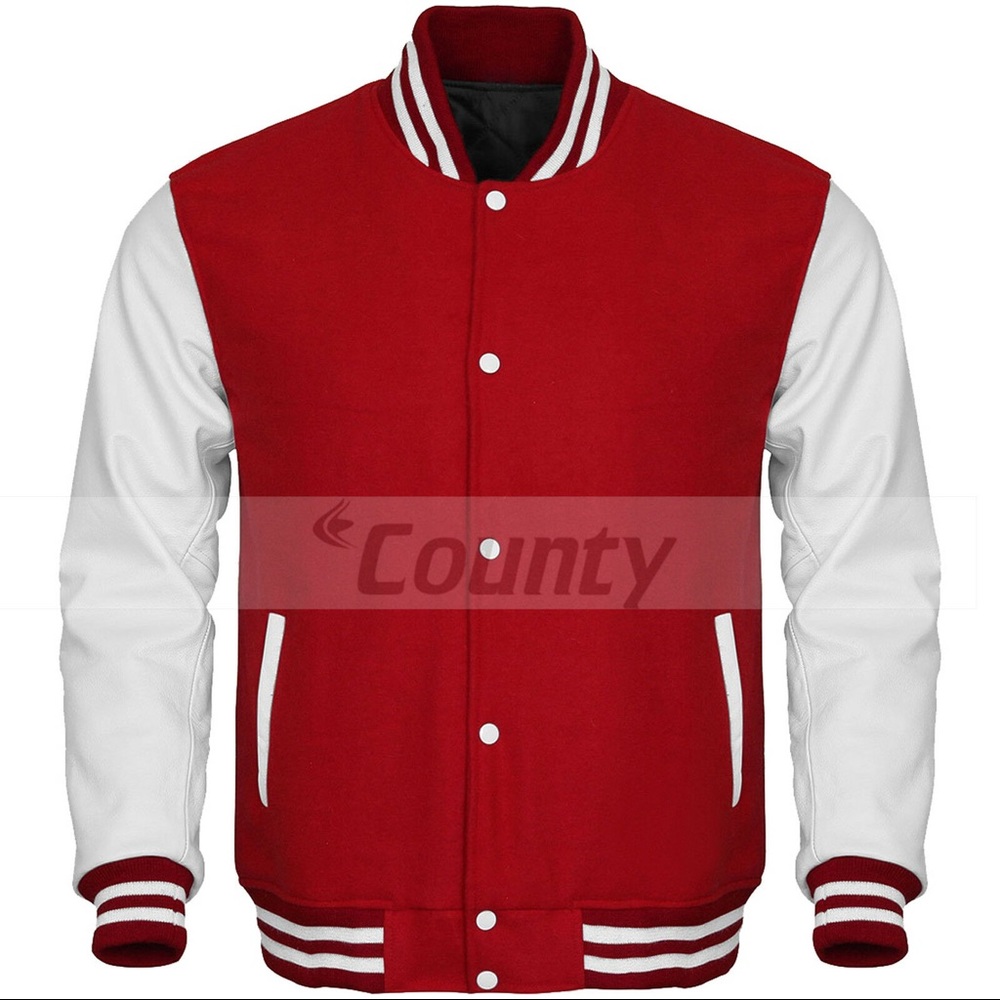 Super Bomber Varsity Baseball Jacket Red Body & White Faux Leather Sleeves, Big